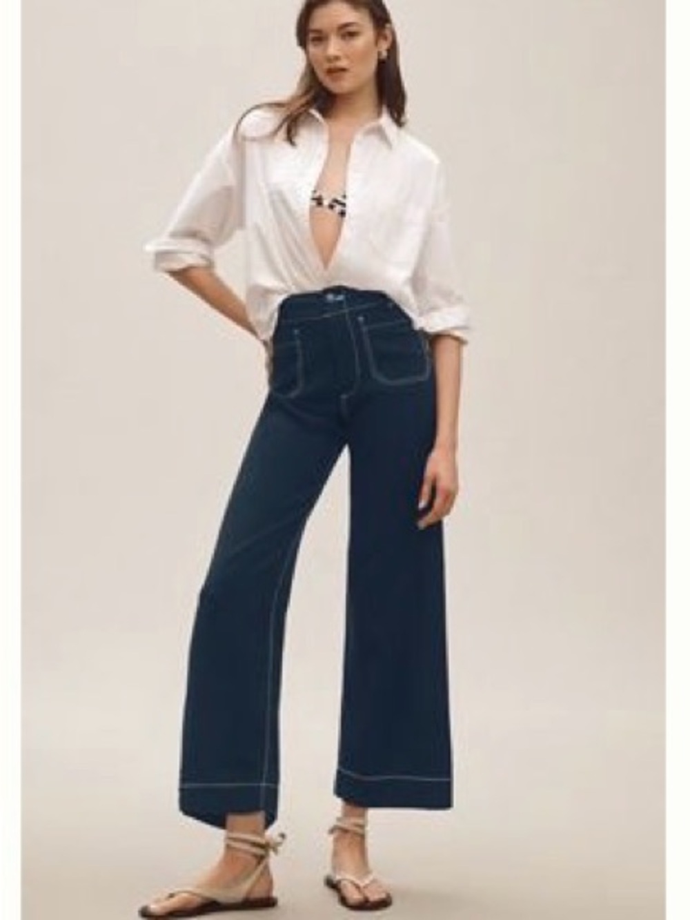 Maeve Colette Dark Navy High-Rise Wide-Leg linen pants